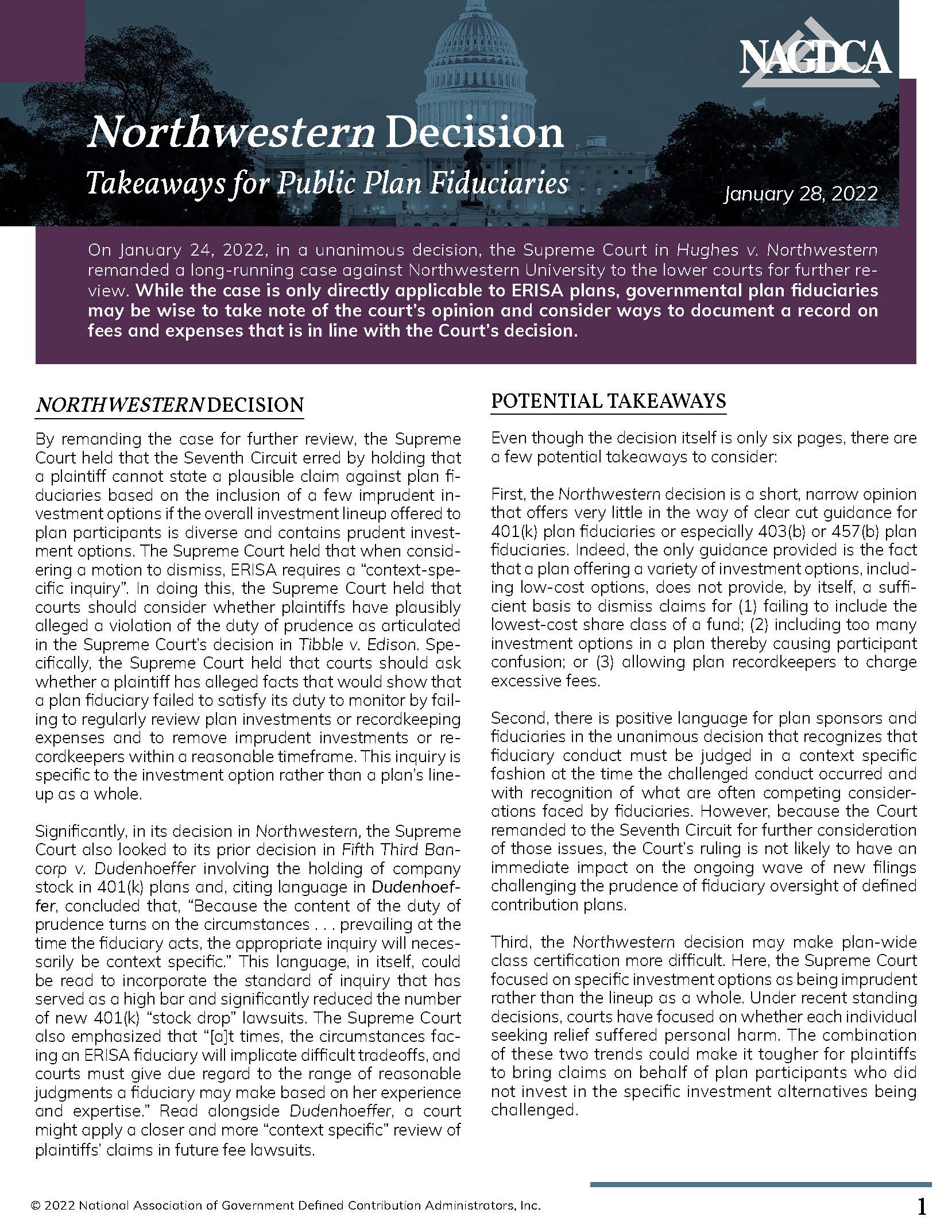 Northwestern Decision Takeaways For Public Plan Fiduciaries NAGDCA Northwestern Decision Takeaways For Public Plan Fiduciaries NAGDCA