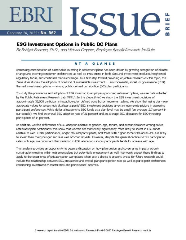EBRI Issue Brief - ESG Investment Options in Public DC Plans